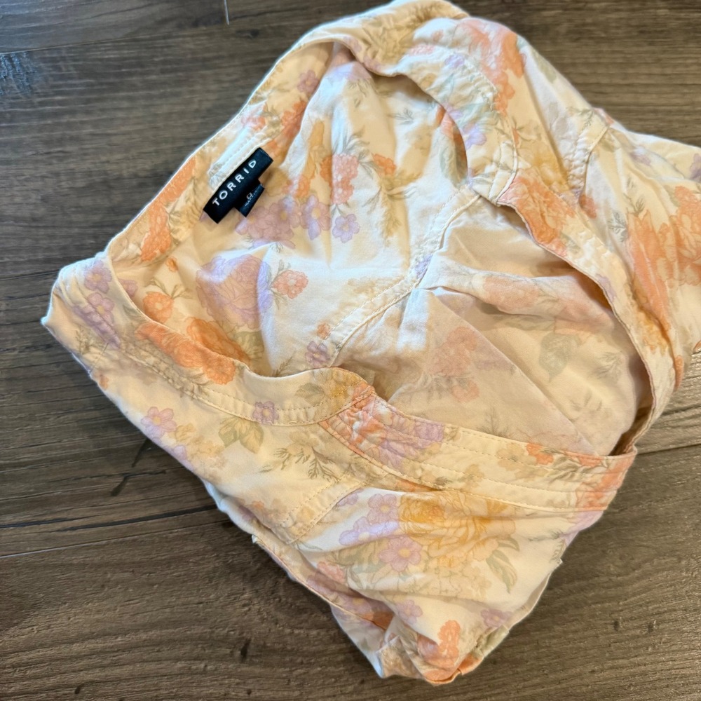 Torrid Floral Button Front Tunic Top Size 0 Large Orange Purple Cream Boho